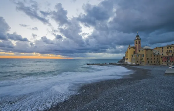 Картинка море, побережье, Италия, церковь, Italy, Camogli, Лигурия, Liguria
