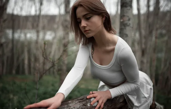Forest, trees, nature, model, tattoo, women, brunette, skirt