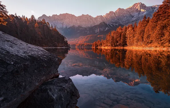 Картинка осень, пейзаж, природа, озеро, камни, Германия, Бавария, Альпы