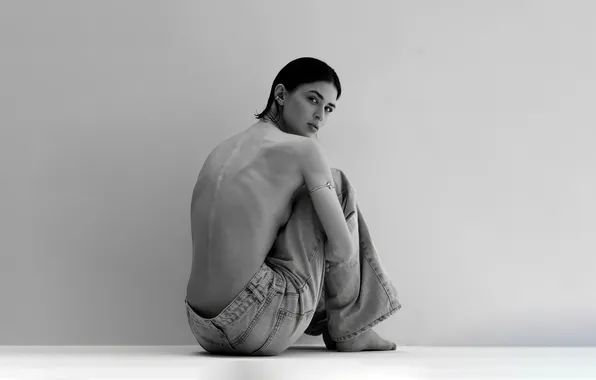 Girl, monochrome, short hair, jeans, topless, look, back, bare feets