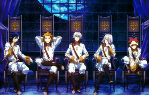 Ночь, стулья, окно, форма, парни, шторы, ремни, kakumeiki valvrave
