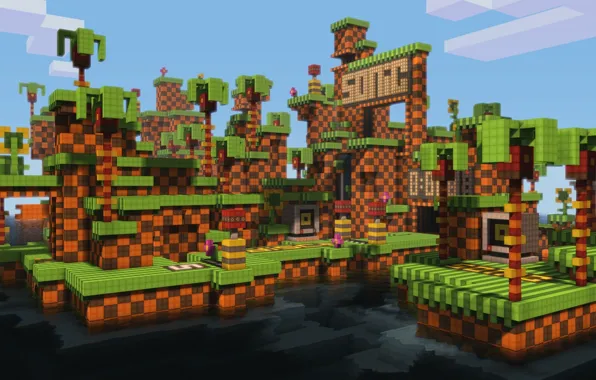 Небо, вода, облака, остров, блоки, Minecraft, hillside, sonic