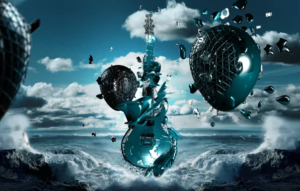 Картинка море, волны, музыка, гитара, рок