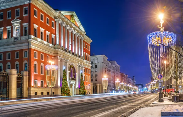 Картинка зима, снег, ночь, огни, улица, Москва, Russia, Moscow