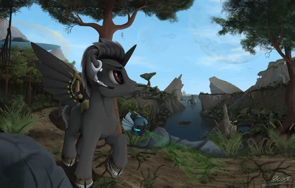 Лес, река, арт, единорог, пони, дроид, My Little Pony, mlp