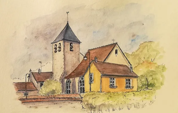 Картинка пейзаж, рисунок, башня, дома, акварель