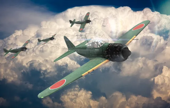 Картинка небо, облака, самолет, война, истребитель, zero, A6M5, war thunder