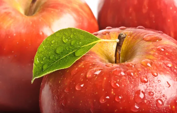 Картинка капли, макро, красное, листок, яблоко, фрукты