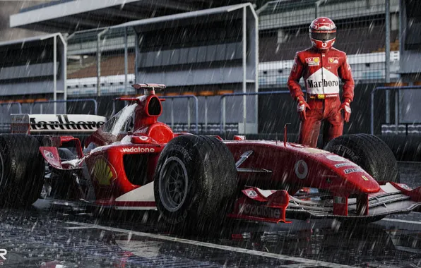 Спорт, Дождь, Формула 1, Болид, Шумахер, Michael Schumacher, Михаэль Шумахер, Рендеринг