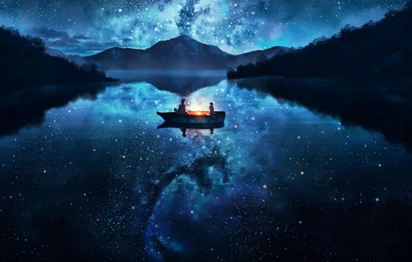 Картинка небо, вода, девушка, звезды, деревья, горы, ночь, природа