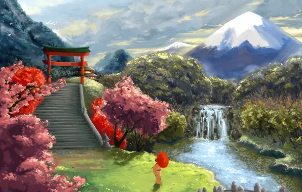 Картинка пейзаж, река, азия, гора, водопад, зонт, сакура, арт