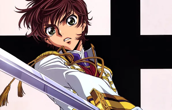 Взгляд, меч, лезвие, парень, Code Geass, военная форма, Код Гиас, аксельбант