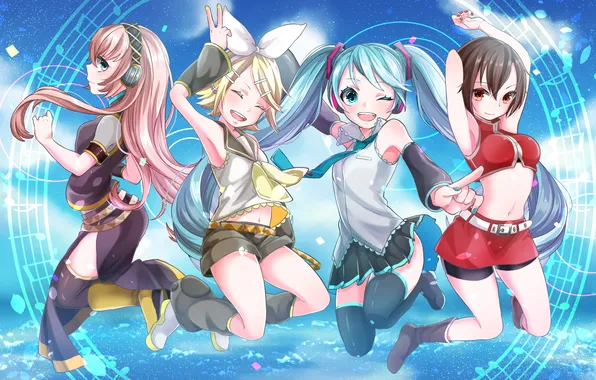 Небо, облака, радость, девушки, аниме, наушники, арт, vocaloid