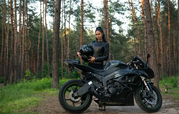 Картинка девушка, брюнетка, мотоцикл, Kawasaki, Ninja, Форрест