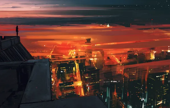Закат, город, силуэт, by Aenami