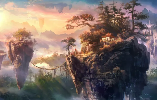 Картинка острова, деревья, скалы, азия, здания, арт, канаты, летающие