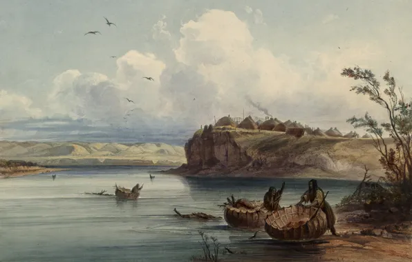 Картина, живопись, painting, Karl Bodmer, Бодмер, 1843, A Mandan village
