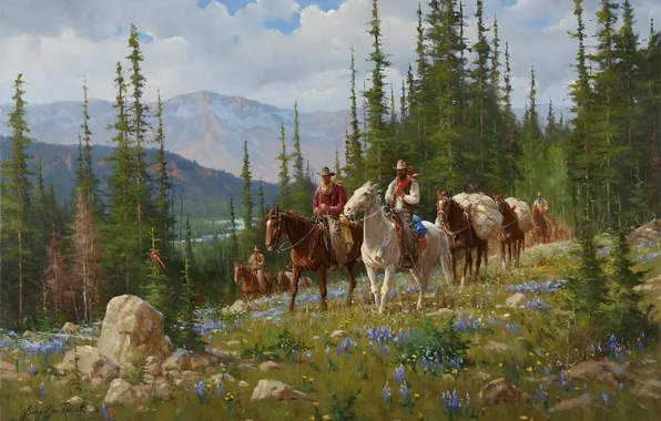 Картинка лес, горы, природа, кони, америка, forest, всадники, west