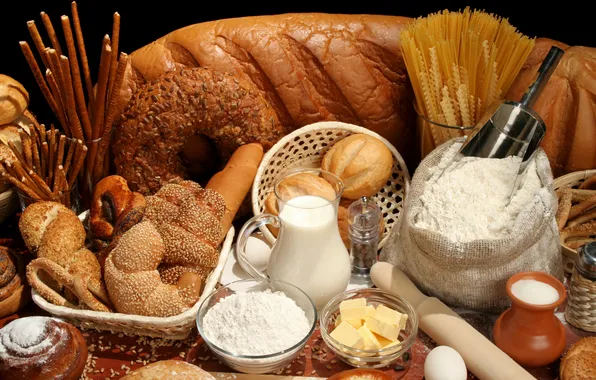 Картинка яйцо, масло, молоко, хлеб, спагетти, мука, булочки, корзинки