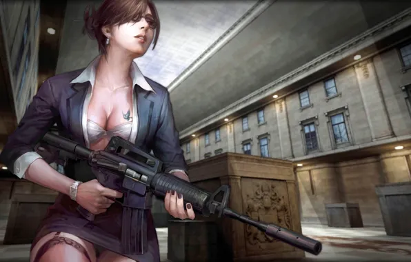 Картинка gun, woman, building, assault rifle, formal clothes