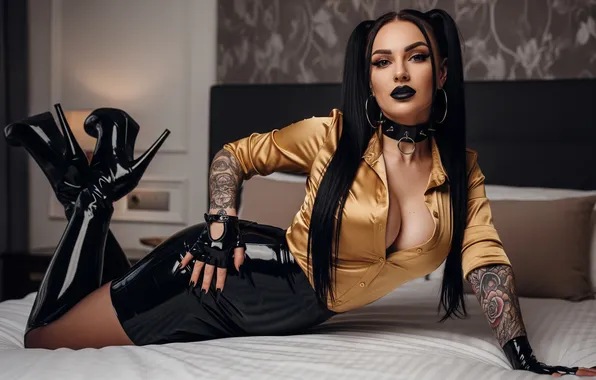 Cleavage, twintails, tattoo, gloves, boots, latex, satin, choker