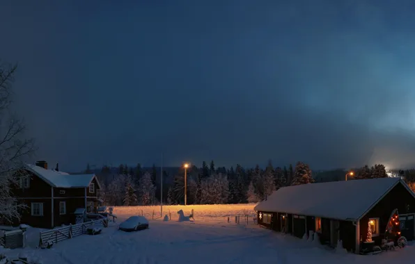 Зима, снег, рассвет, утро, домики, Финляндия, Лапландия