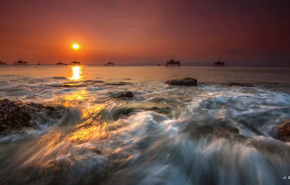 Море, небо, закат, камни, Индонезия, Anton Raharja
