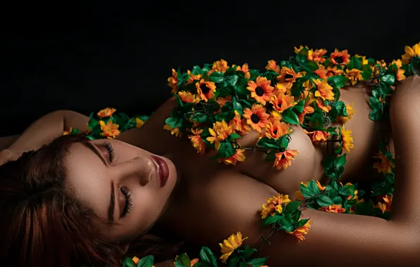 Девушка, цветы, girl, черный фон, flowers, black background, закрытые глаза, closed eyes