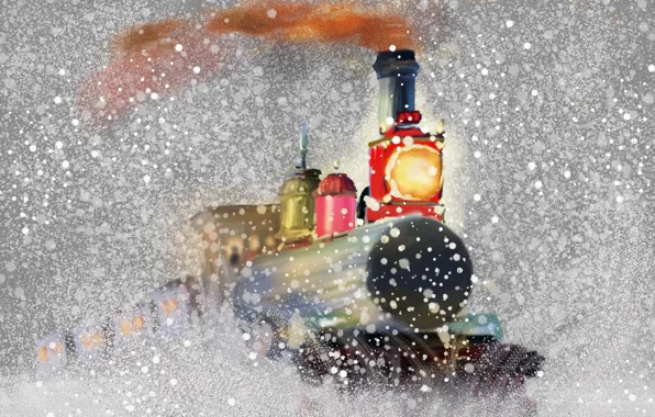 Снег, праздник, паровоз, картина, рождественский экспресс