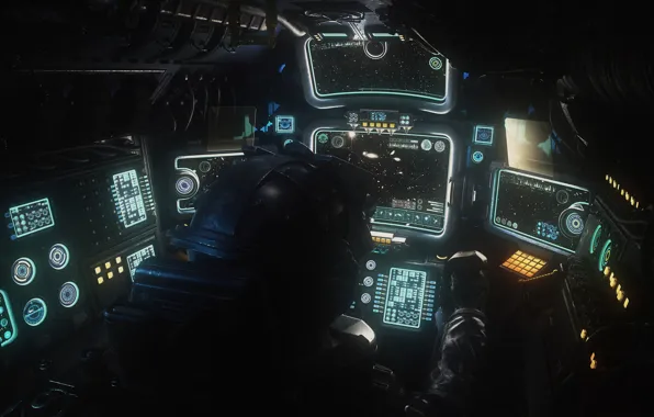 Звёзды, приборы, кабина, пилот, Military Space cockpit done
