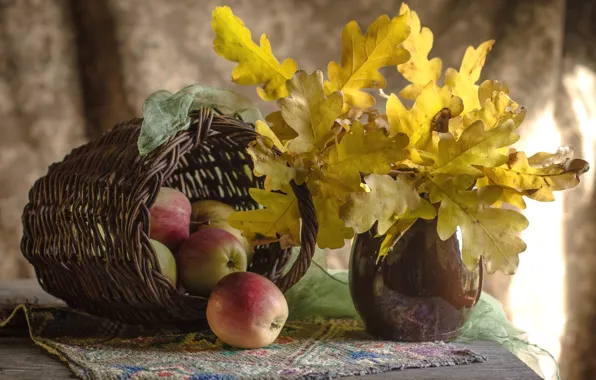 Осень, листья, яблоки, натюрморт, дуб