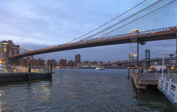 Картинка мост, город, пролив, здания, пристань, дома, Нью-Йорк, причал
