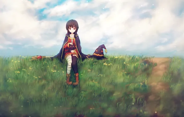 Трава, девушка, улыбка, шляпа, маг, посох, сидит, anime