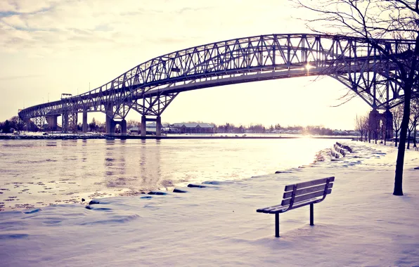 Картинка зима, снег, скамейка, мост, река, лавочка