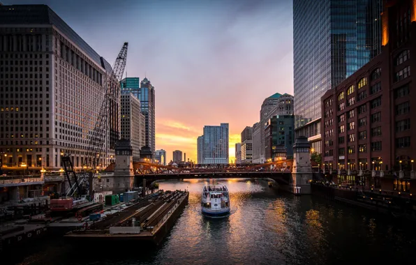 Закат, мост, река, дома, кран, Чикаго, фонари, США
