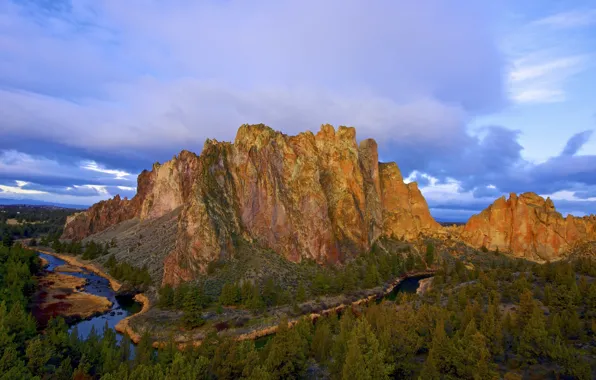 Картинка облака, деревья, река, гора, утро, США, извилистая, штат Орегон