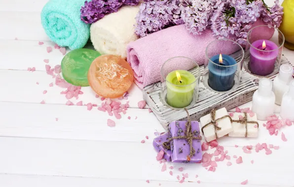 Цветы, полотенце, свечи, мыло, soap, flowers, сирень, спа