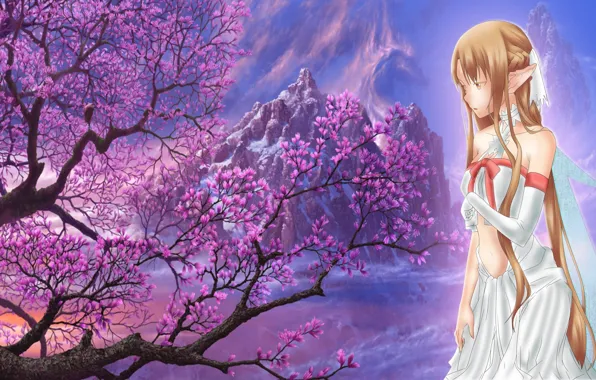 Цветы, весна, аниме, арт, Мастера меча онлайн, Sword Art Online, Асуна