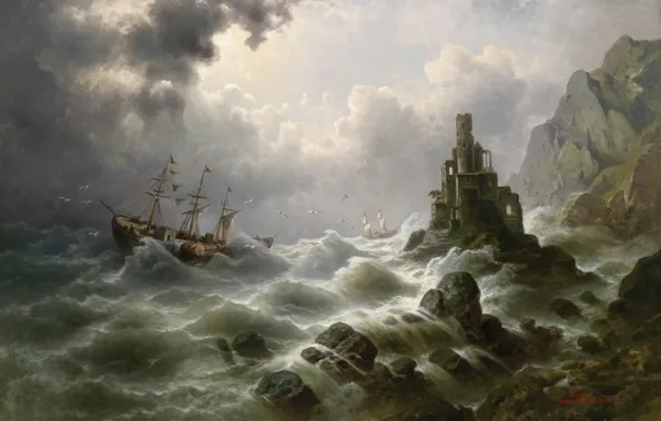 Картинка картина, живопись, painting, Stormy Sea with Lighthouse on the Coast, J.Claiton