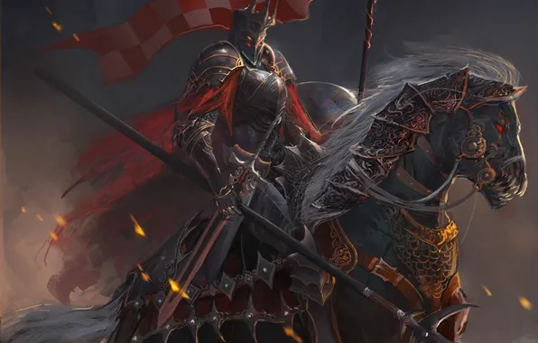 Картинка конь, меч, арт, шлем, всадник, копье, доспех, знамя