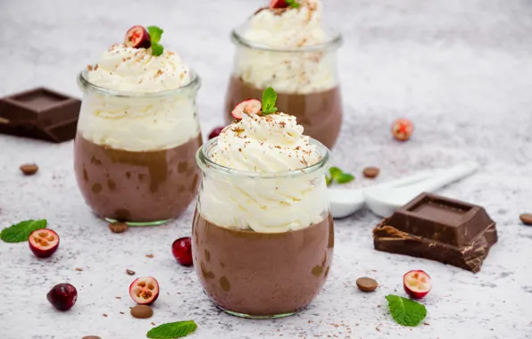 Сливки, баночки, крем, десерт, шоколадный, взбитые