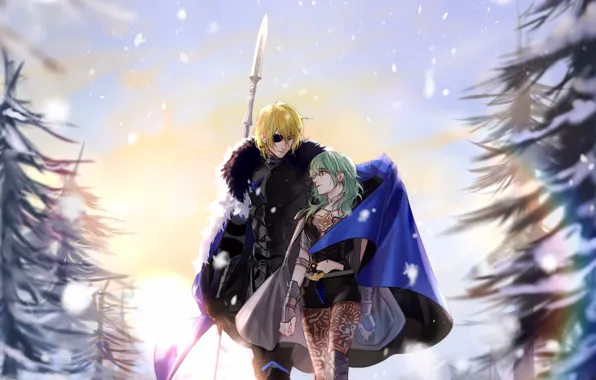 Зима, девушка, снег, деревья, мужчина, Fire Emblem, Вyleth, Dimitri Alexandre Blaiddyd