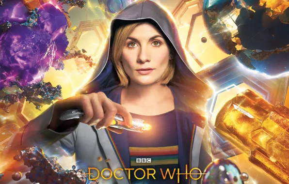 Картинка взгляд, женщина, капюшон, Doctor Who, Доктор Кто, Jodie Whittaker, звуковая отвёртка, Джоди Уиттакер