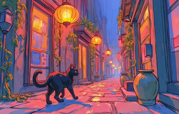 Кошка, кот, свет, ночь, город, поза, черный, рисунок