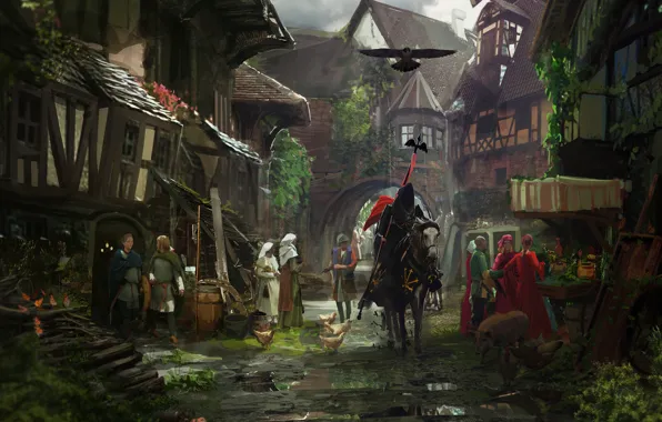 Картинка город, конь, улица, здания, рыцарь, horse, Middle Ages, knight