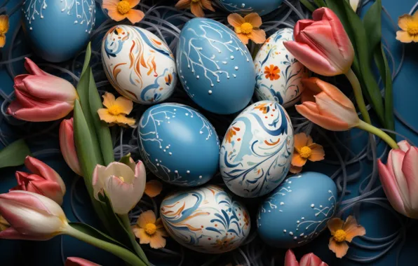 Цветы, праздник, яркие, яйца, весна, голубые, Пасха, гнездо