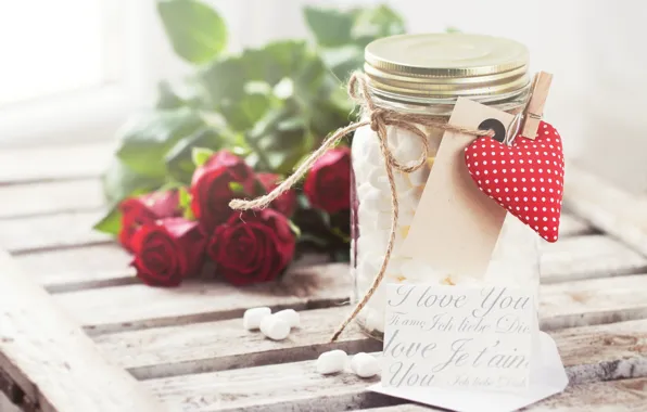 Розы, сердечки, красные, сердечко, romantic, valentine's day, баночка, маршмеллоу