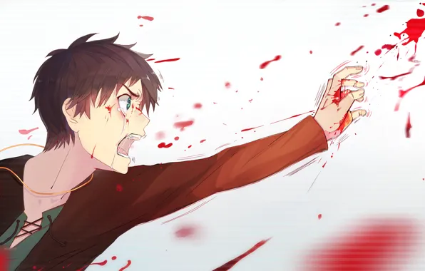 Картинка белый, кровь, слёзы, Shingeki no Kyojin, Вторжение титанов, Эрен Джаггер