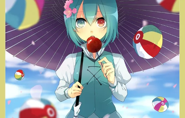 Мячики, голубые волосы, цветок в волосах, разные глаза, Touhou Project, под зонтом, проект Восток, Tatara …