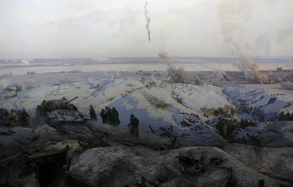 Зима, Снег, Война, Панорама, Картина, Солдаты, Фрагмент, Русские